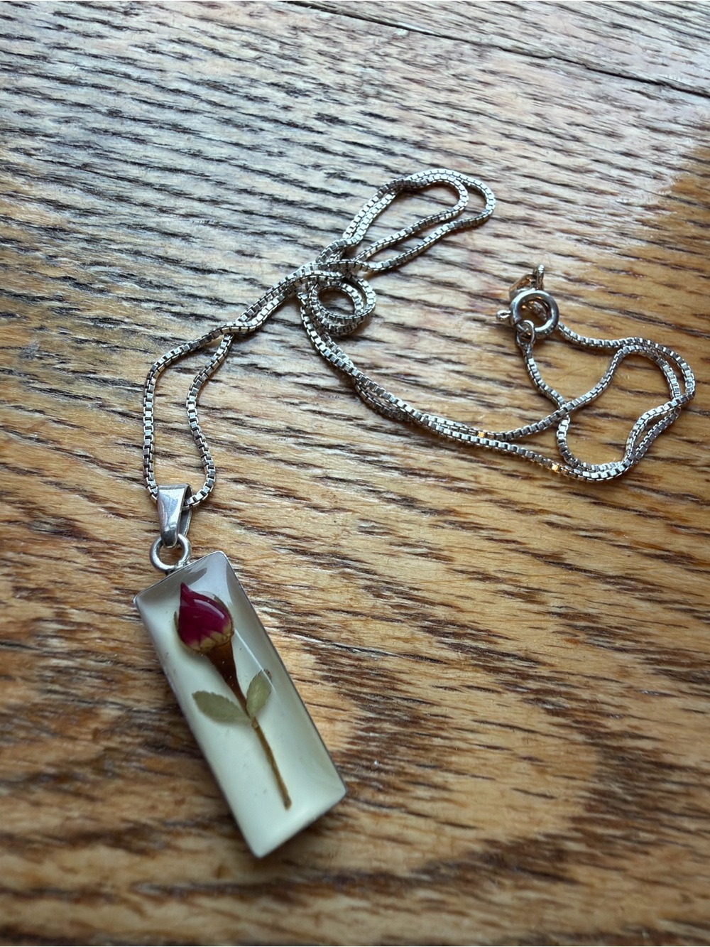 Sterling Silver Pendant Necklace with Preserved Red Rosebud